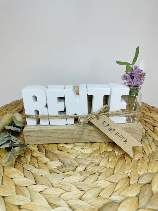 Geschenkset RENTE/ Raysin Buchstaben auf Holzbänkchen