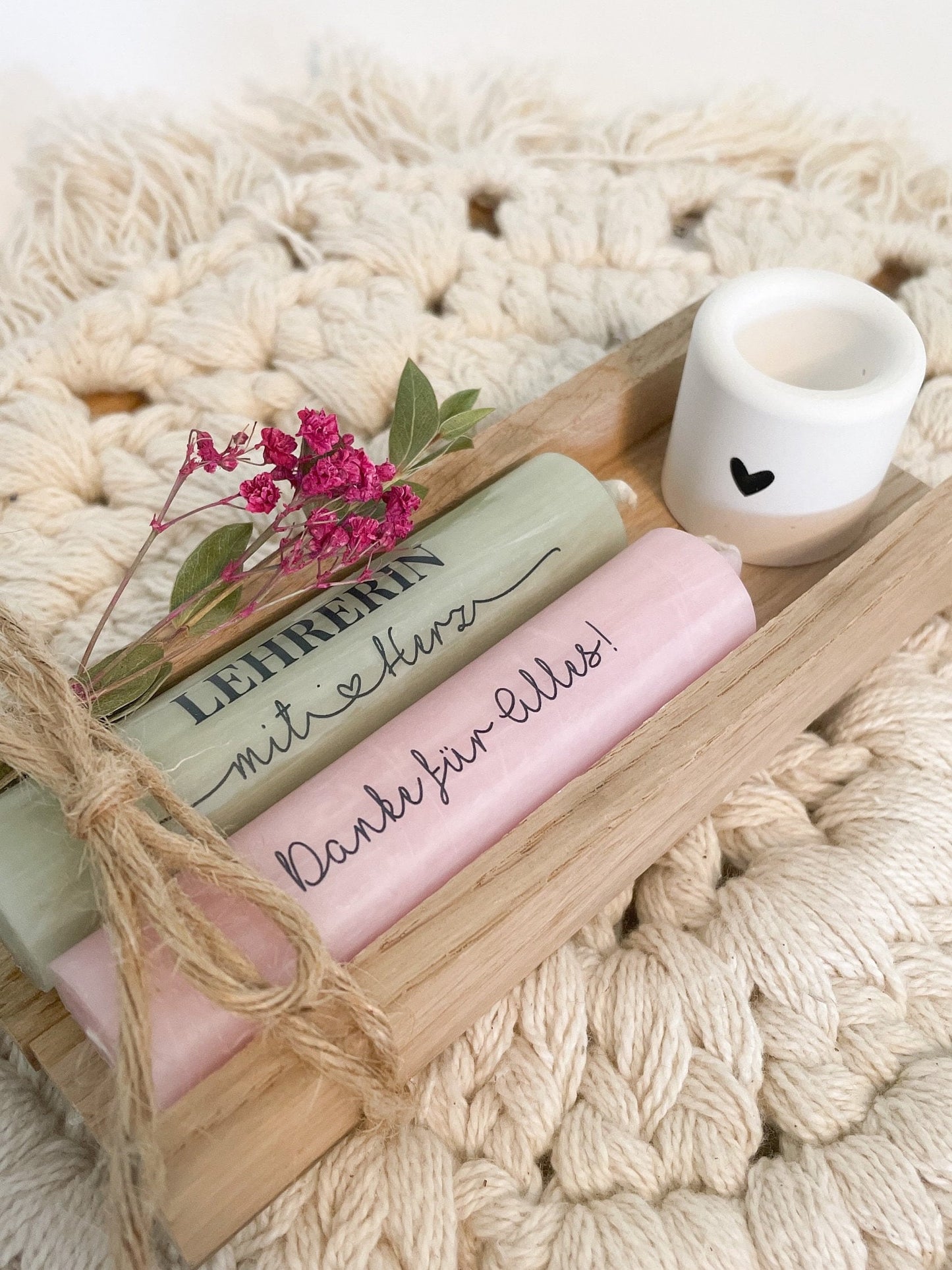 Geschenkset / Stabkerzen Lehrerin mit Herz / Dankeschön Abschiedsgeschenk