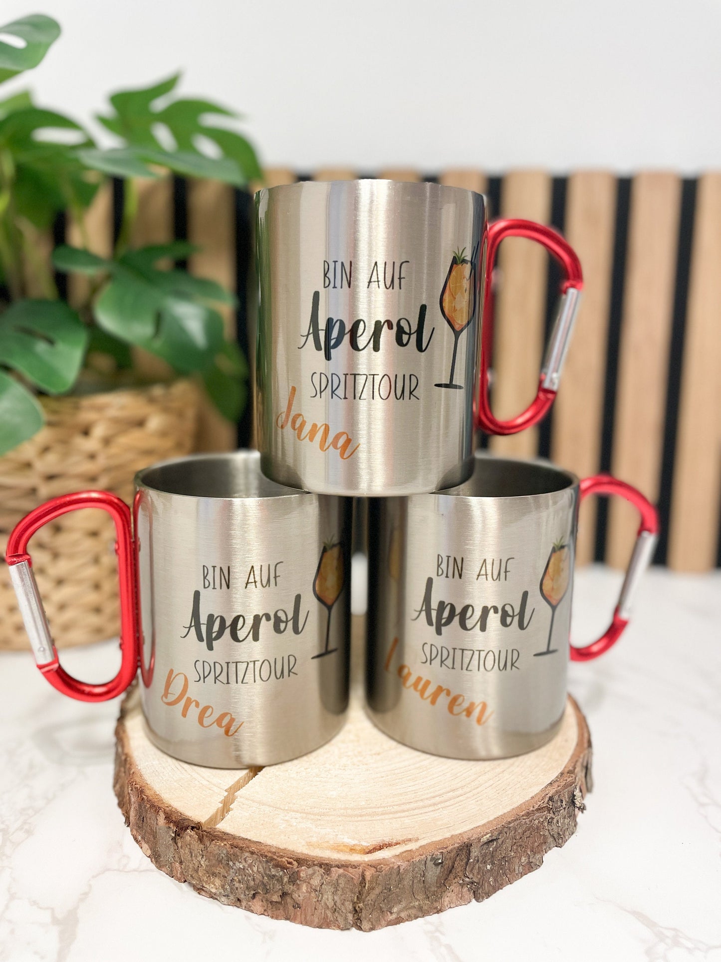 Personalisierter Edelstahlbecher mit Karabiner, Partypeace für JGA, Festival, Fasnet, Tasse Aperol Spritztour