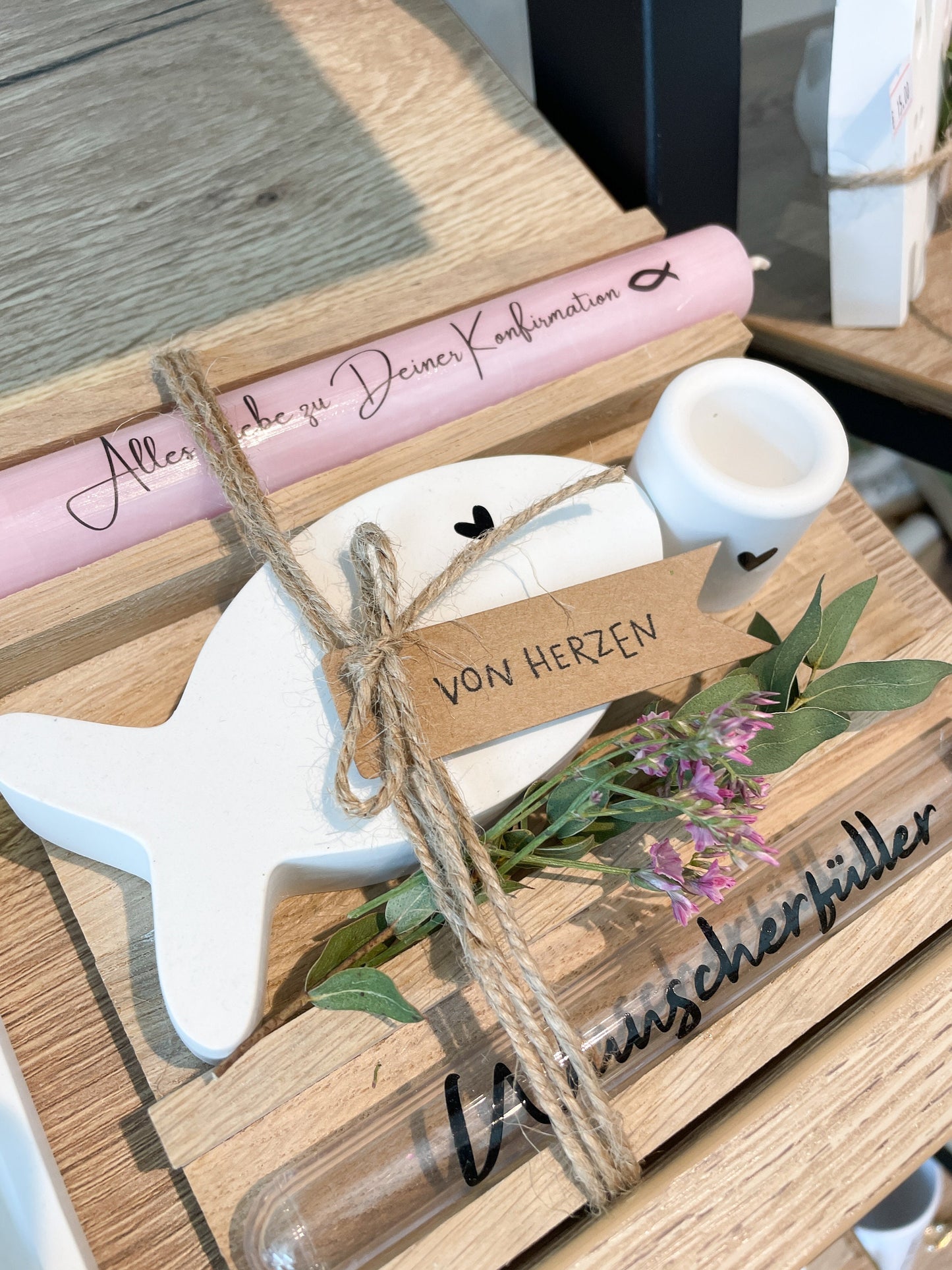 Geschenkset zur Konfirmation oder Kommunion / Raysin deko / Kerze mit Herz und kleiner Grußbotschaft verschiedene Farben