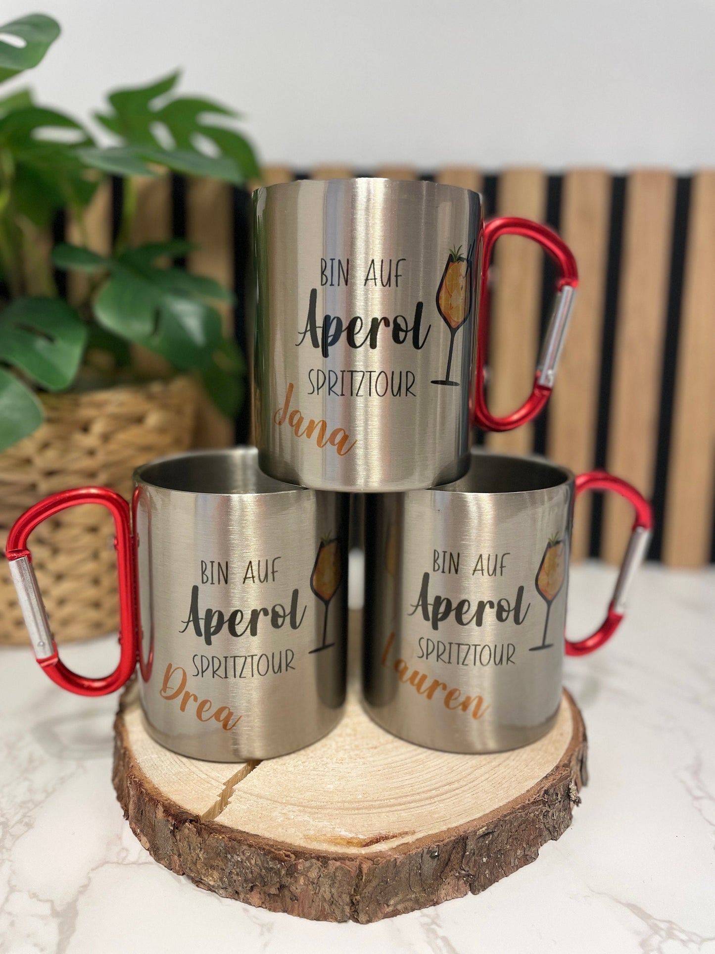 Personalisierter Edelstahlbecher mit Karabiner, Partypeace für JGA, Festival, Fasnet, Tasse Aperol Spritztour