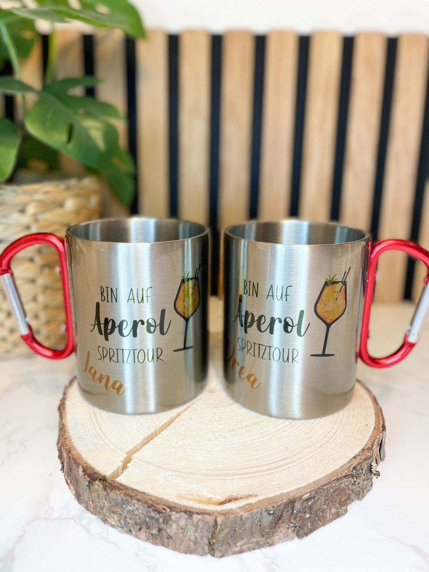 Personalisierter Edelstahlbecher mit Karabiner, Partypeace für JGA, Festival, Fasnet, Tasse Aperol Spritztour