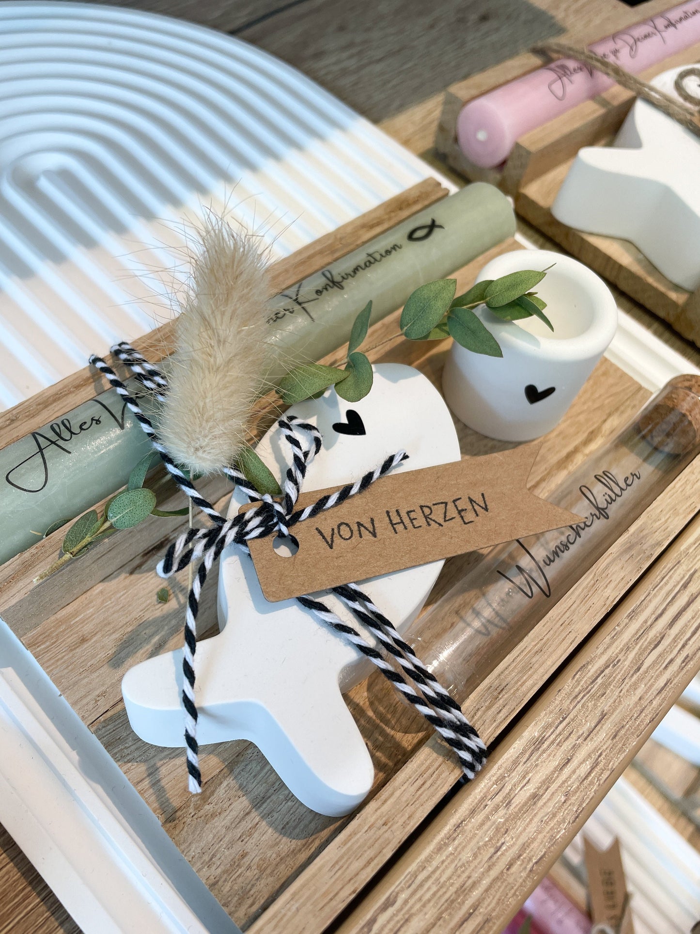 Geschenkset zur Konfirmation oder Kommunion / Raysin deko / Kerze mit Herz und kleiner Grußbotschaft verschiedene Farben
