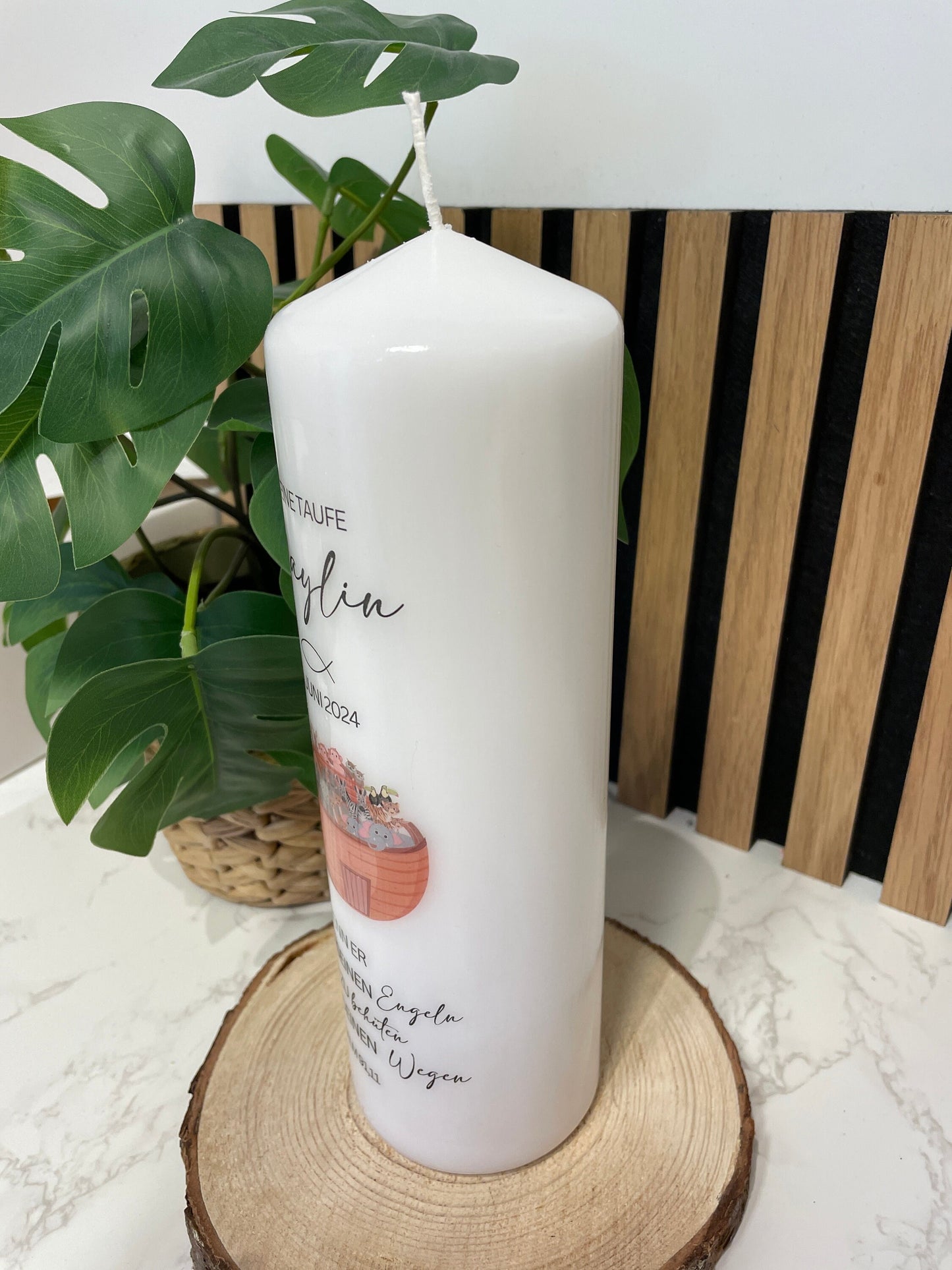 Taufkerze Arche Kerze mit Namen und Taufspruch / Geschenk zur Taufe Mädchen / Stumpenkerze