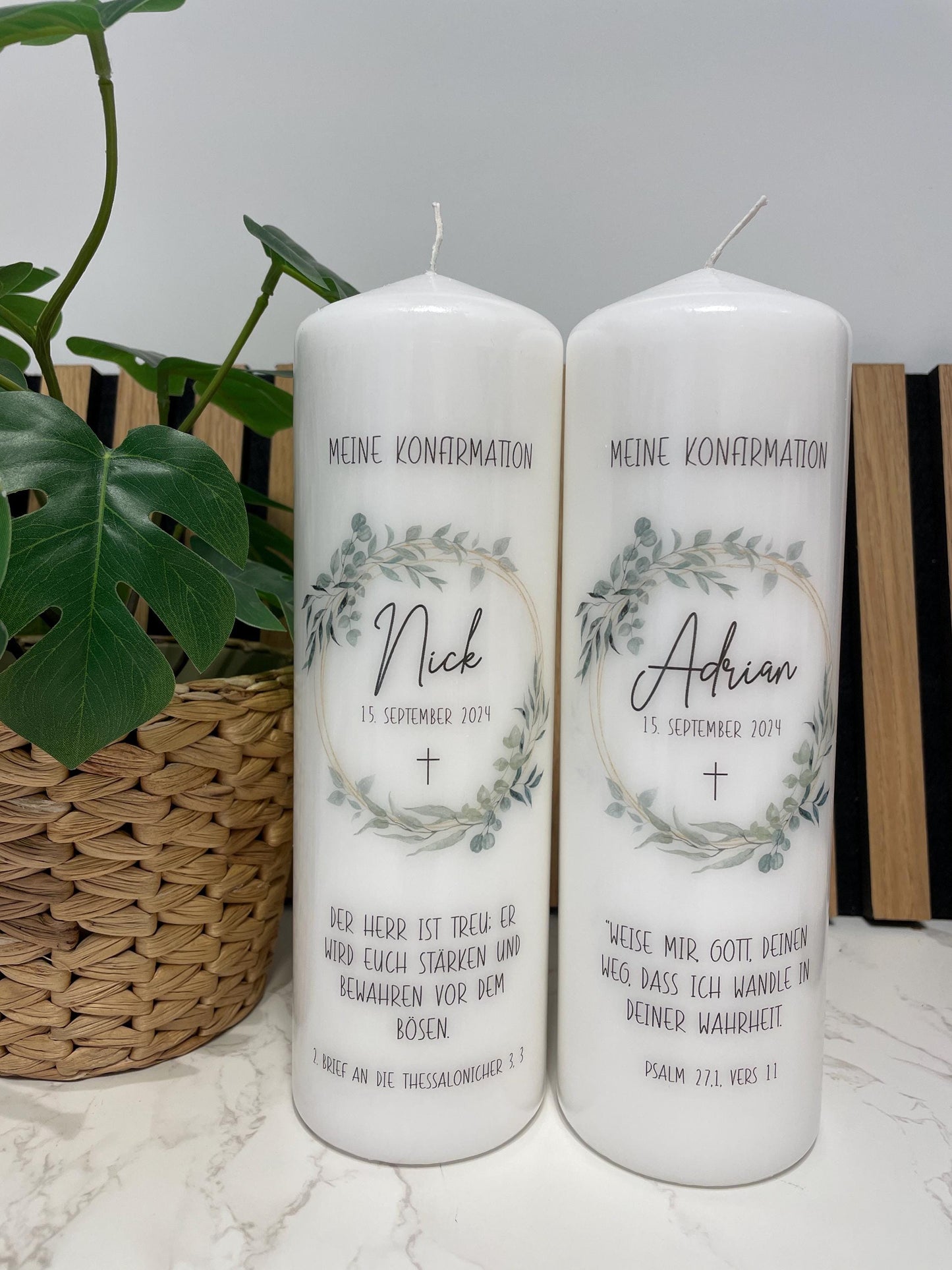 Konfirmationskerze Eukalyptuskranz / Kerze Konfirmation Kommunion mit Namen und Konfispruch / Geschenk / Stumpenkerze