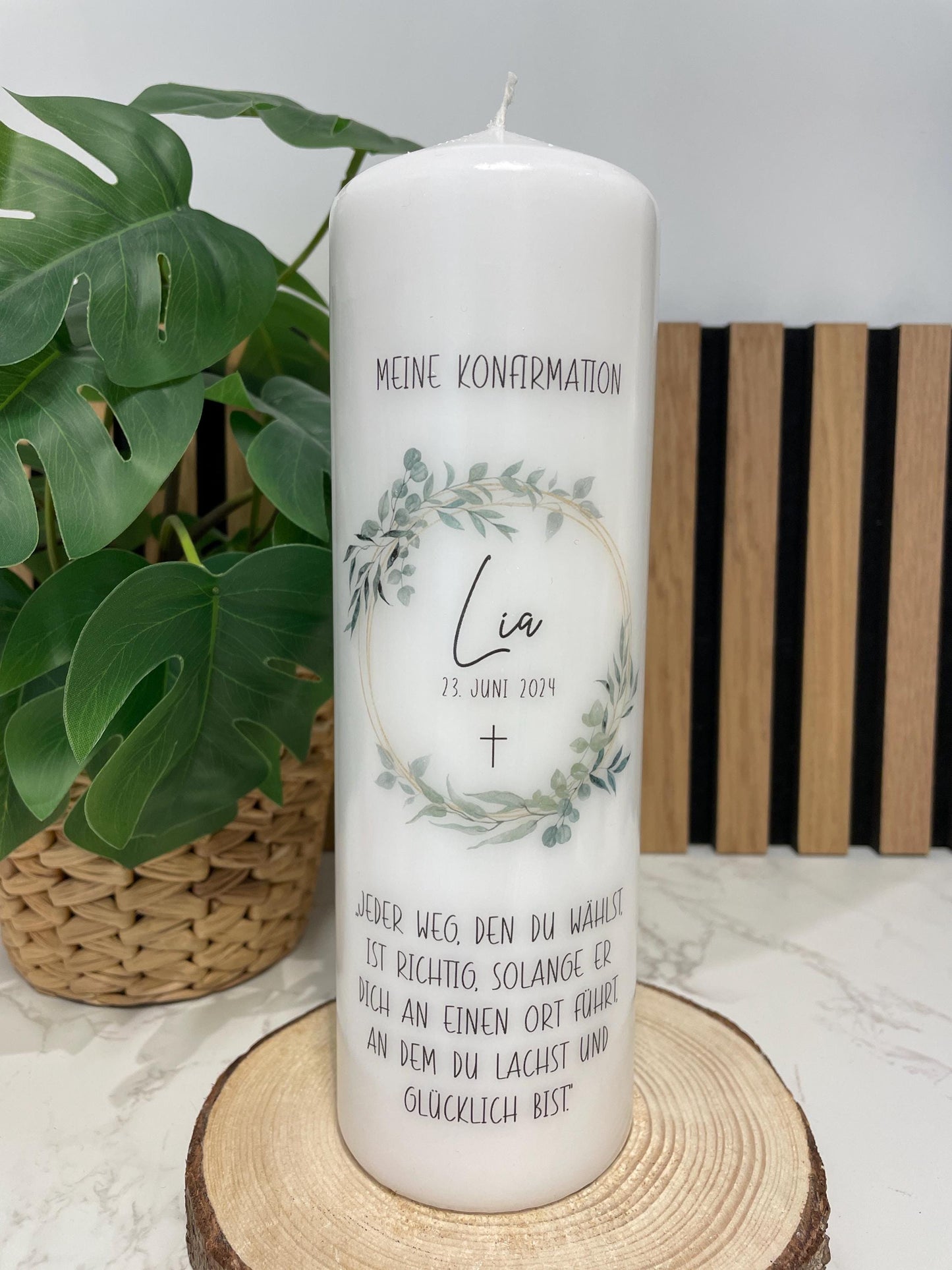 Konfirmationskerze Eukalyptuskranz / Kerze Konfirmation Kommunion mit Namen und Konfispruch / Geschenk / Stumpenkerze