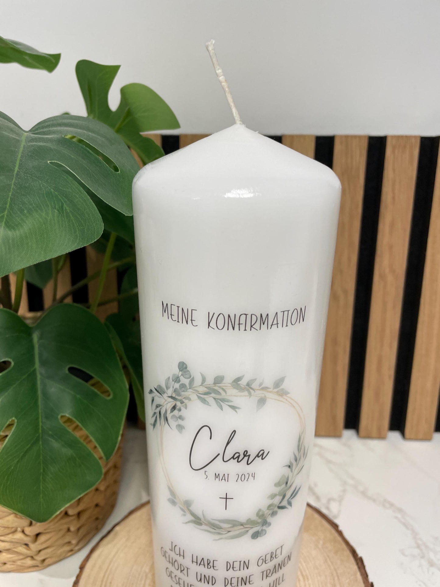 Konfirmationskerze Eukalyptuskranz / Kerze Konfirmation Kommunion mit Namen und Konfispruch / Geschenk / Stumpenkerze