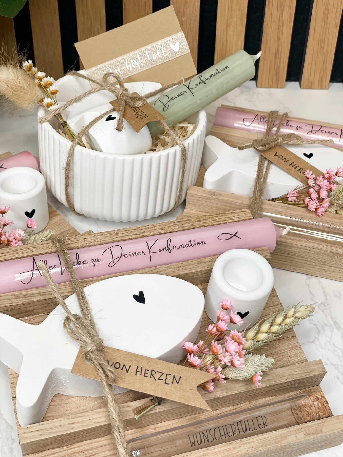 Geschenkset zur Konfirmation oder Kommunion / Raysin deko / Kerze mit Herz und kleiner Grußbotschaft verschiedene Farben