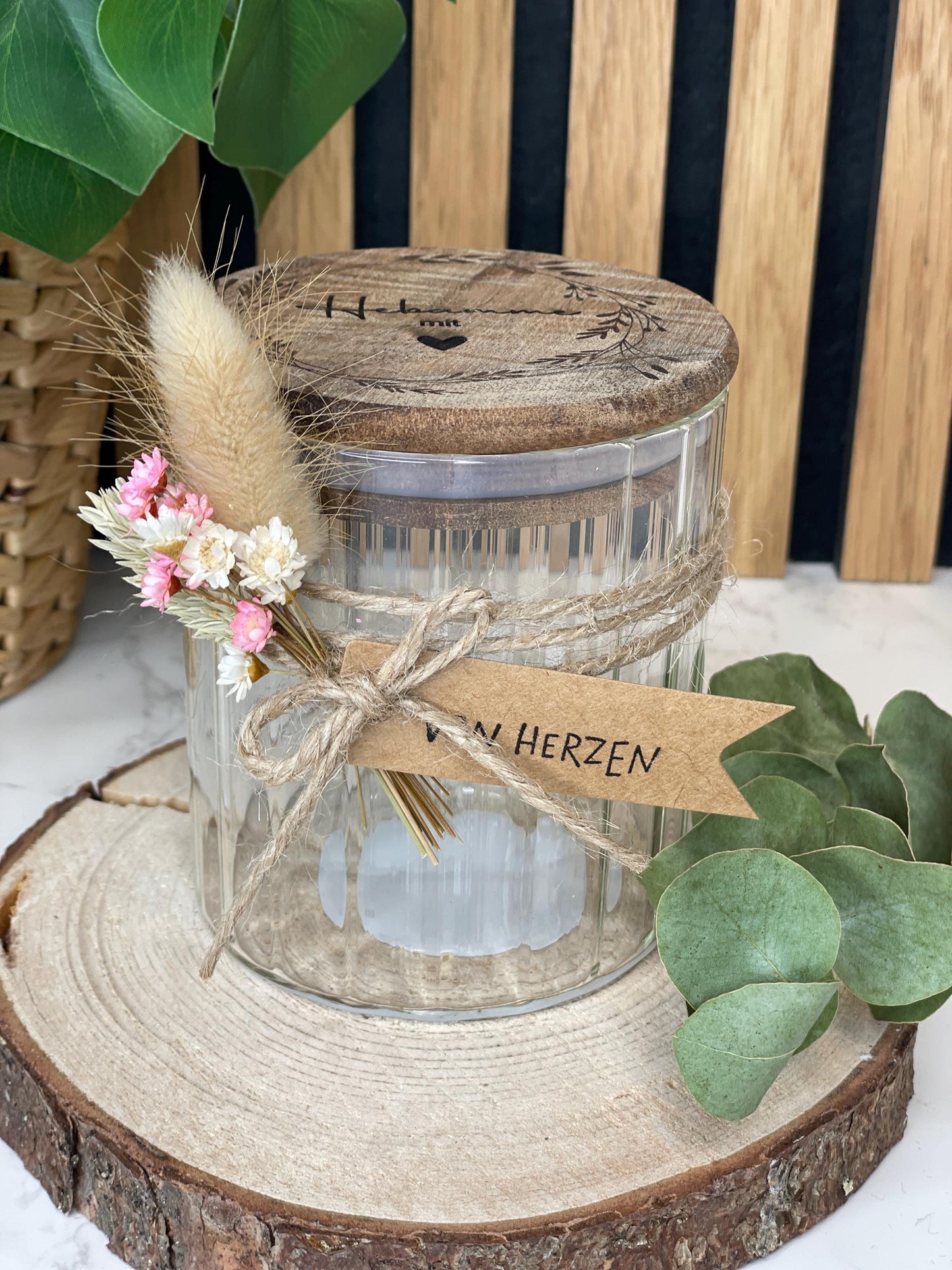 Hebamme mit Herz, Blumenranke, Dankeschön an deine Hebamme, Aufbewahrungsglas mit personalisiertem Deckel