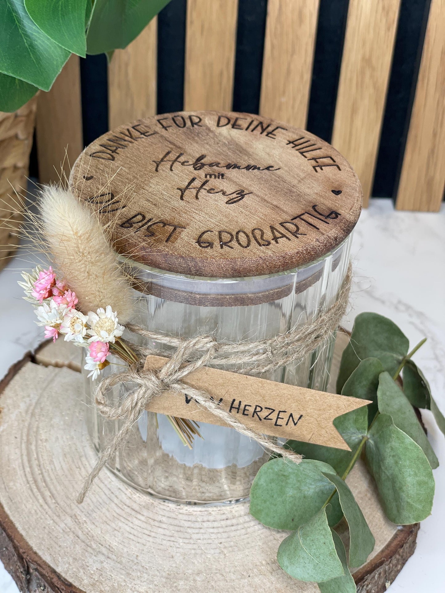 Hebamme mit Herz, danke für deine Hilfe Dankeschön an deine Hebamme, Aufbewahrungsglas mit personalisiertem Deckel