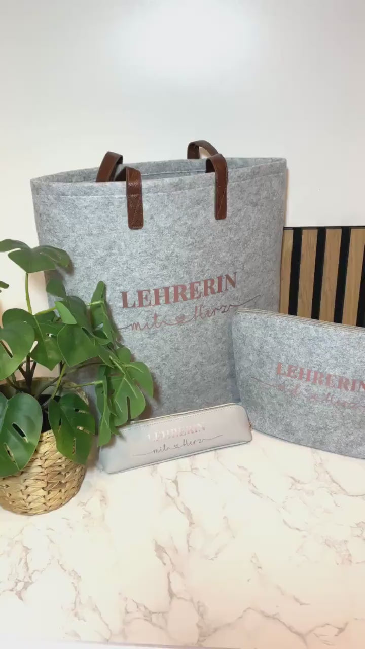 Lehrerin mit Herz SET Filztasche, Mäppchen& Accessoire Tasche / Abschiedsgeschenk, Dankeschön