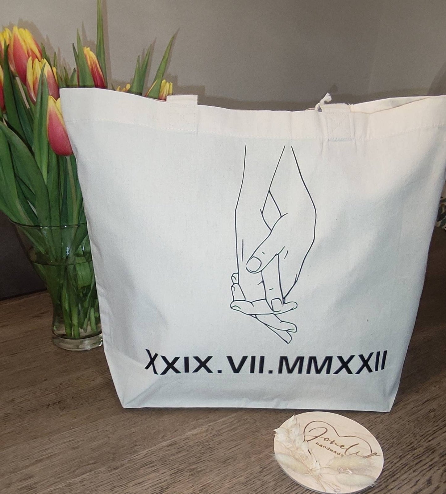 Valentinsgeschenk Baumwoll-oder Filzshopper personalisiert mit eurem Jahrestag in römischen Buchstaben