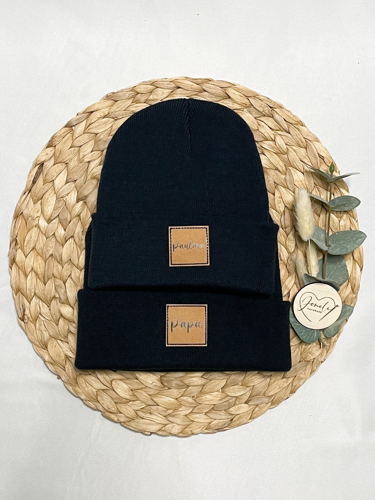 Familienset Beanie/Wintermütze SCHWARZ mit Personalisierung oder Wunschaufdruck