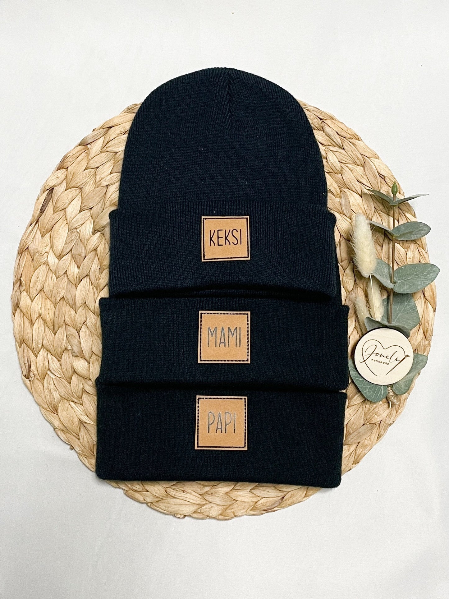 Familienset Beanie/Wintermütze SCHWARZ mit Personalisierung oder Wunschaufdruck