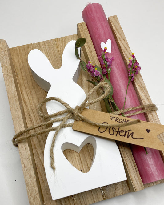 Geschenkset Ostern / Raysin Osterhase / Kerze mit Herz und kleiner Grußbotschaft verschiedene Farben