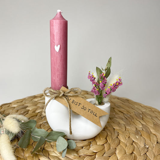 Geschenkset / Raysin Kerzenständer/ U-Form / Kerze mit Herz und kleiner Grußbotschaft verschiedene Farben