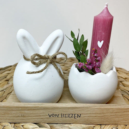 Geschenkset Ostern / Raysin Osterhase / Kerze mit Herz und Kerzenhalter Eierschale