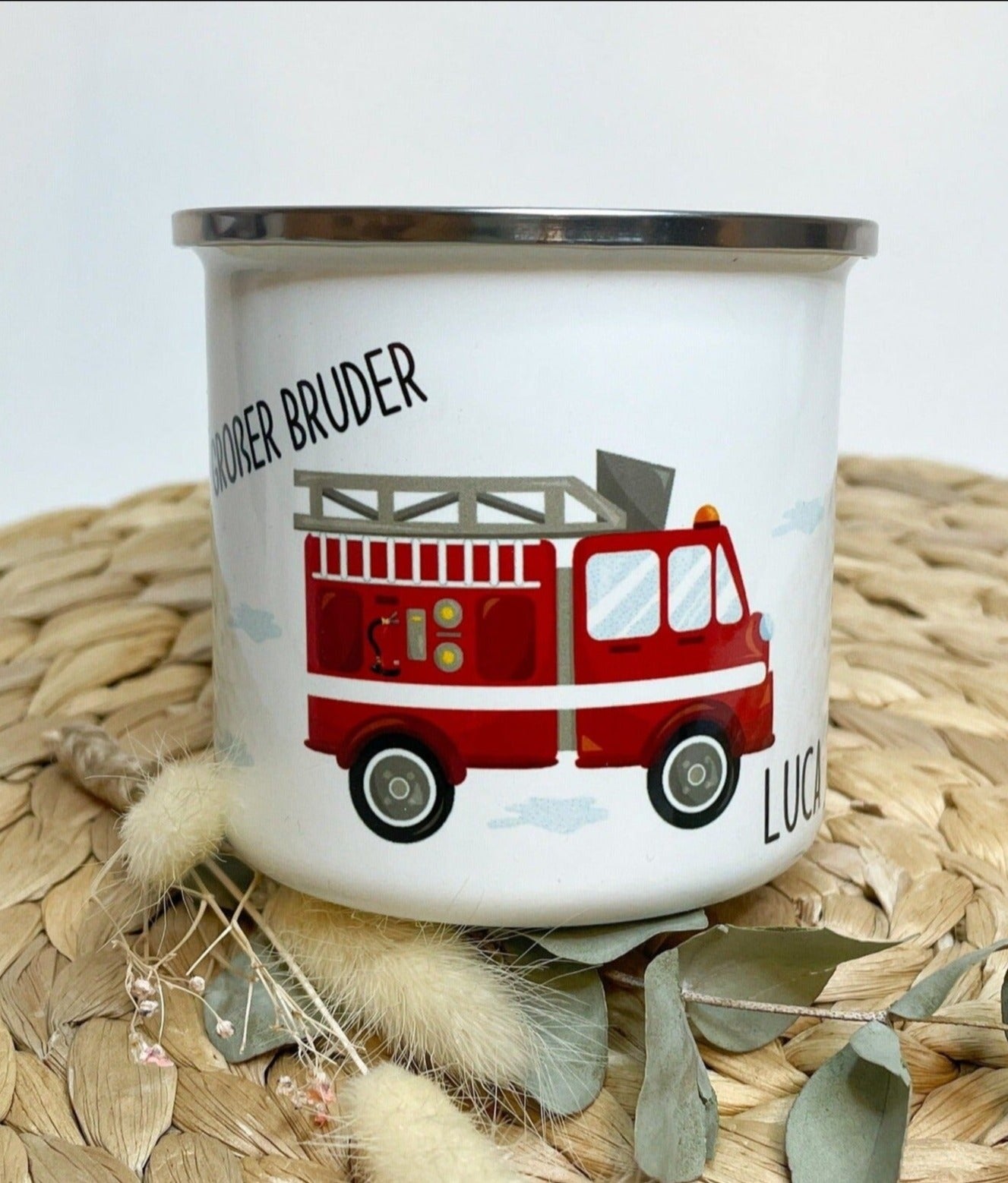 Feuerwehr Tasse / Emailletasse für Kinder personalisiert mit dem Namen