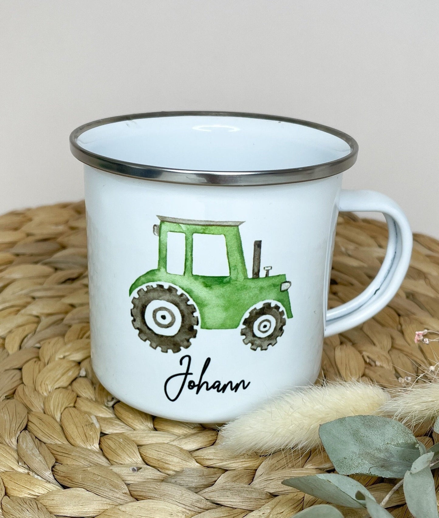 Traktor Tasse / Emailletasse für Kinder personalisiert mit dem Namen