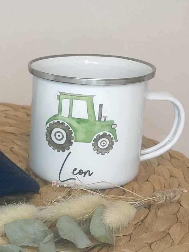 Traktor Tasse / Emailletasse für Kinder personalisiert mit dem Namen