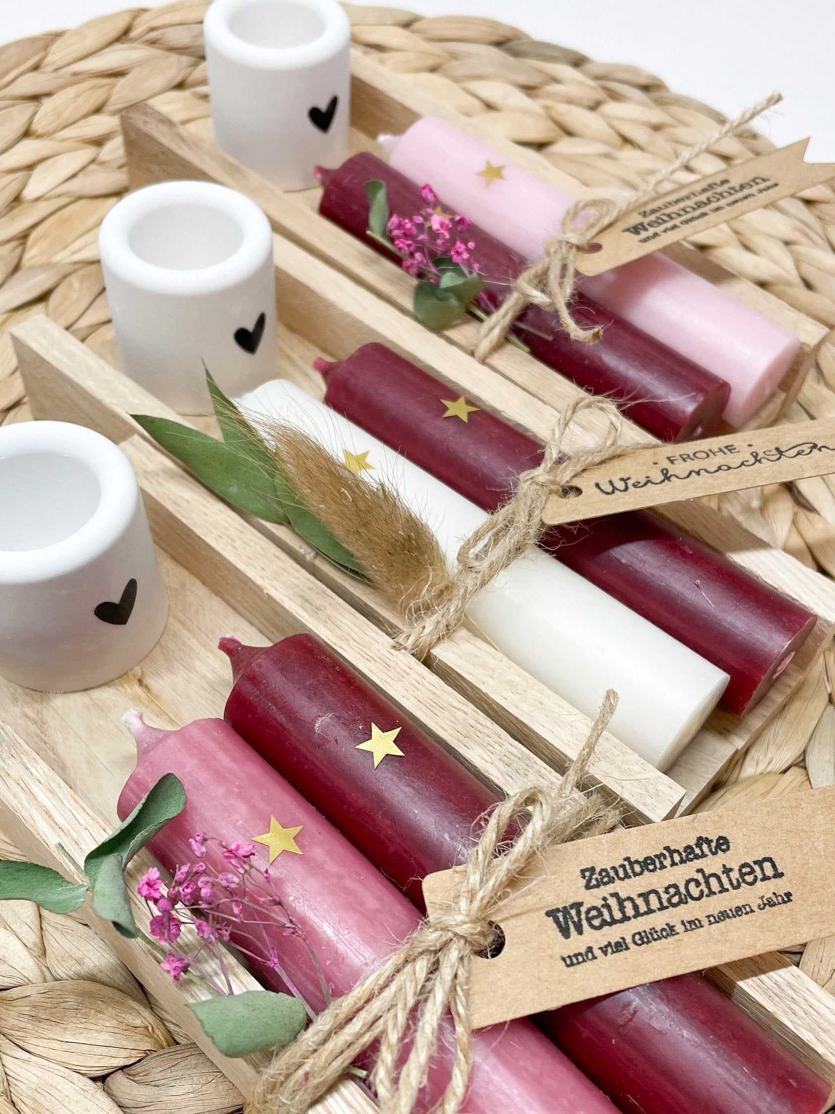 Geschenkset Weihnachten Stabkerzen mit Stern, Kerzenständer und Grußbo