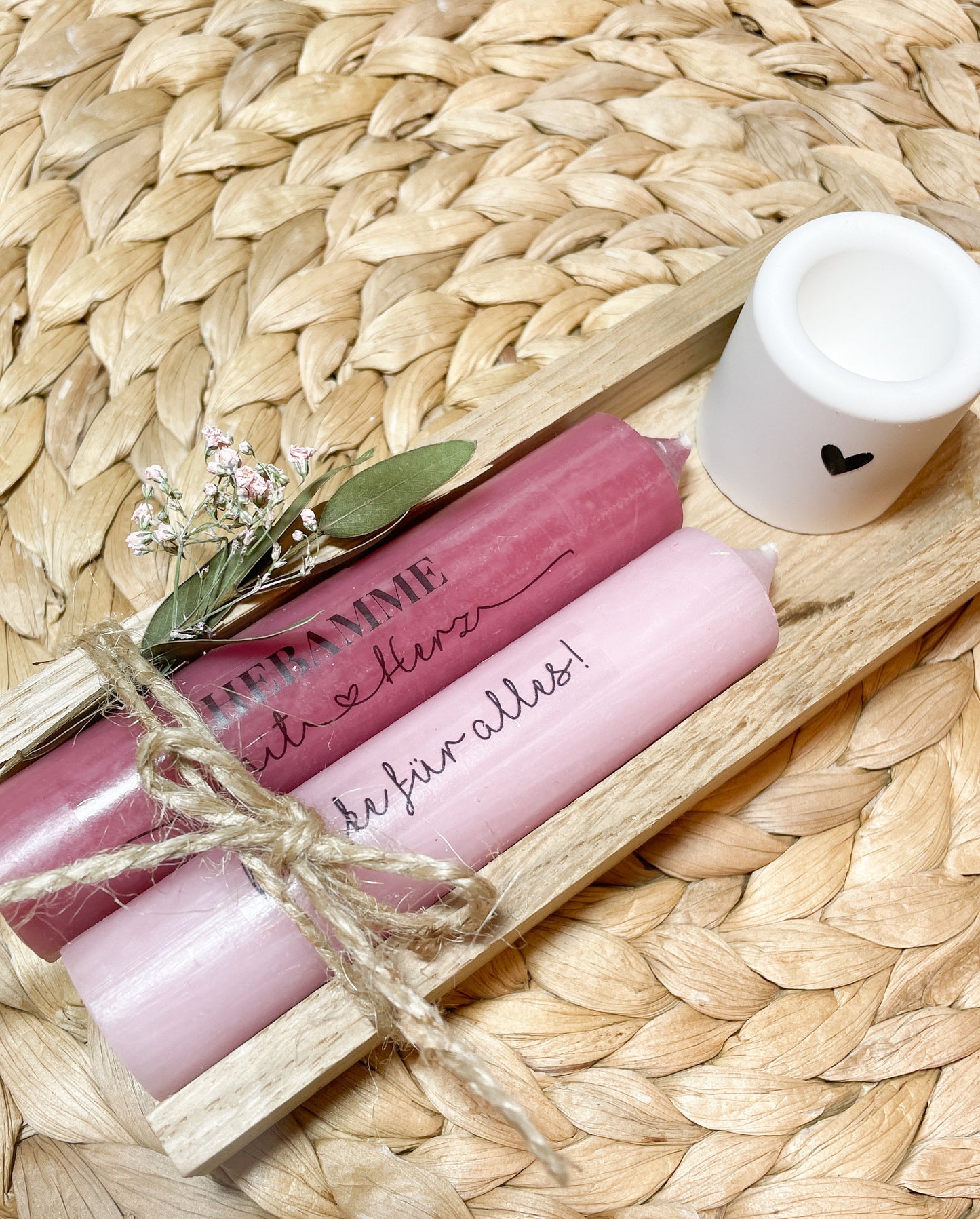 Geschenkset / Stabkerzen Hebamme mit Herz / Dankeschön Abschiedsgeschenk