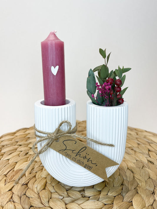 Geschenkset / Raysin Kerzenständer/ U-Form geriffelt / Kerze mit Herz und kleiner Grußbotschaft verschiedene Farben