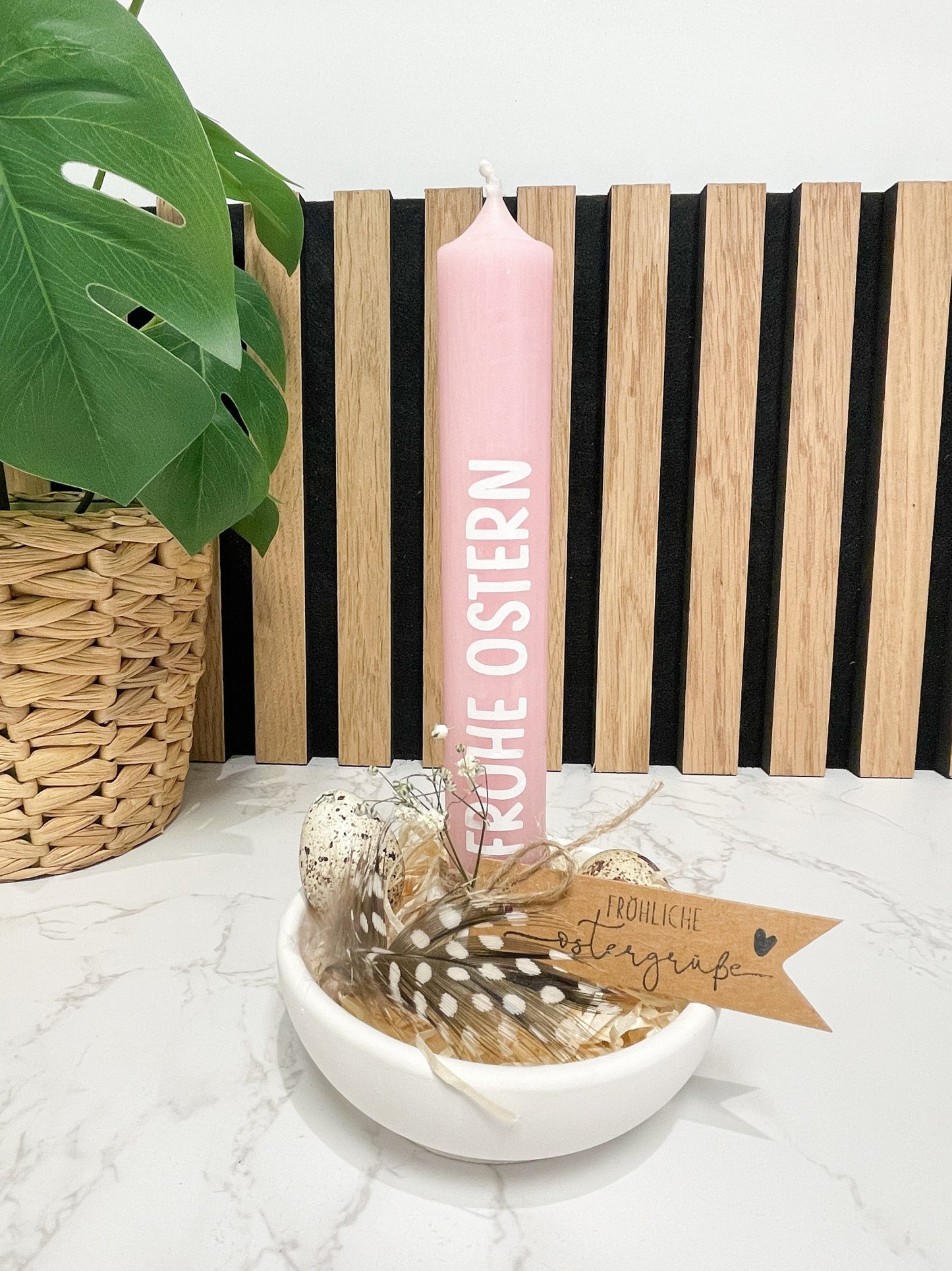Geschenkset zu Ostern / Ostergruß / Raysin Kerzenhalter mit Stabkerze dekoriert