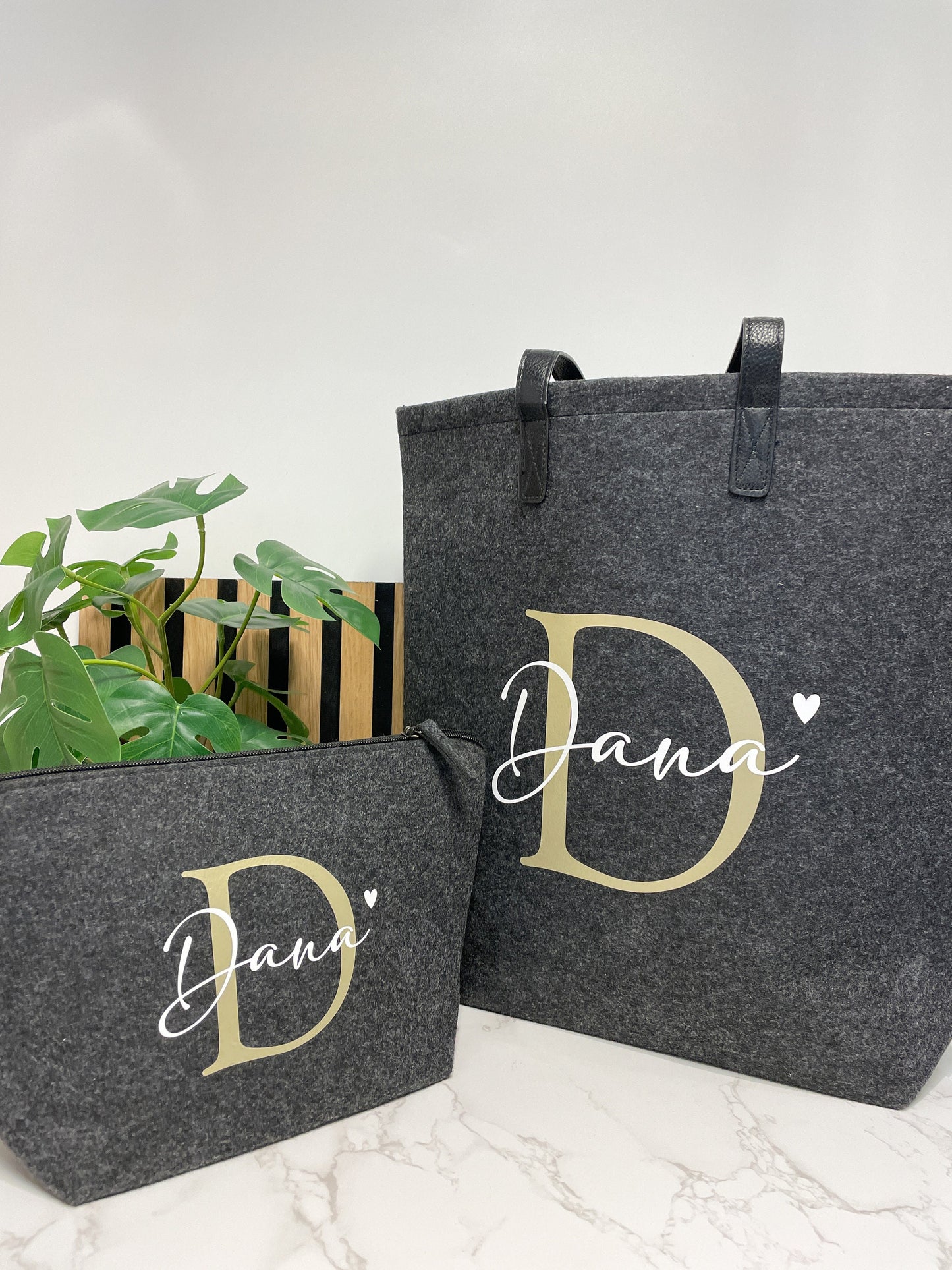 Filztasche Set personalisiert Initial gold, Geburtstagsgeschenk Freundin