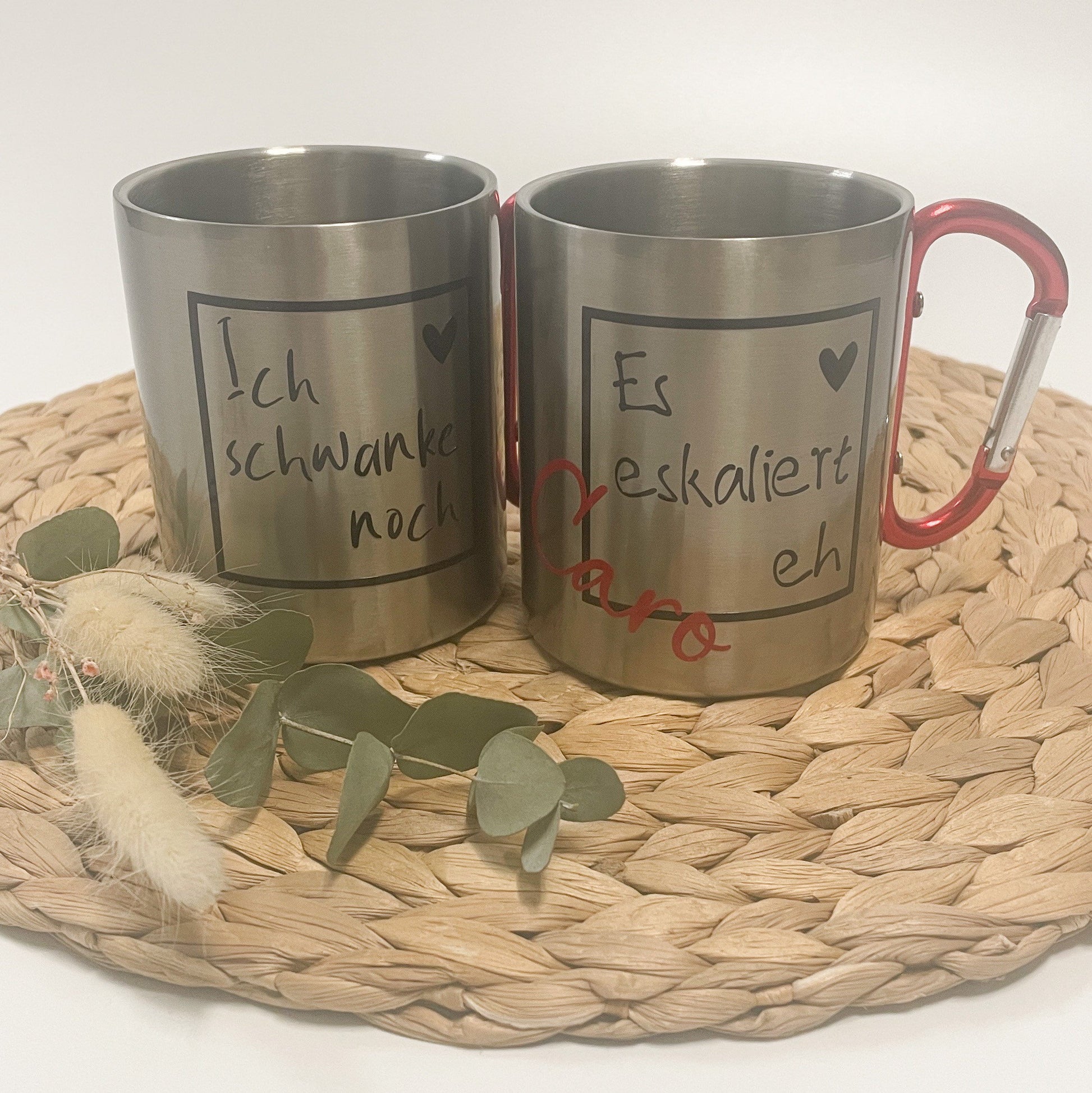 Personalisierter Edelstahlbecher mit Karabiner mit Deckel , Partypeace für JGA, Festival, Fasnet, Tasse