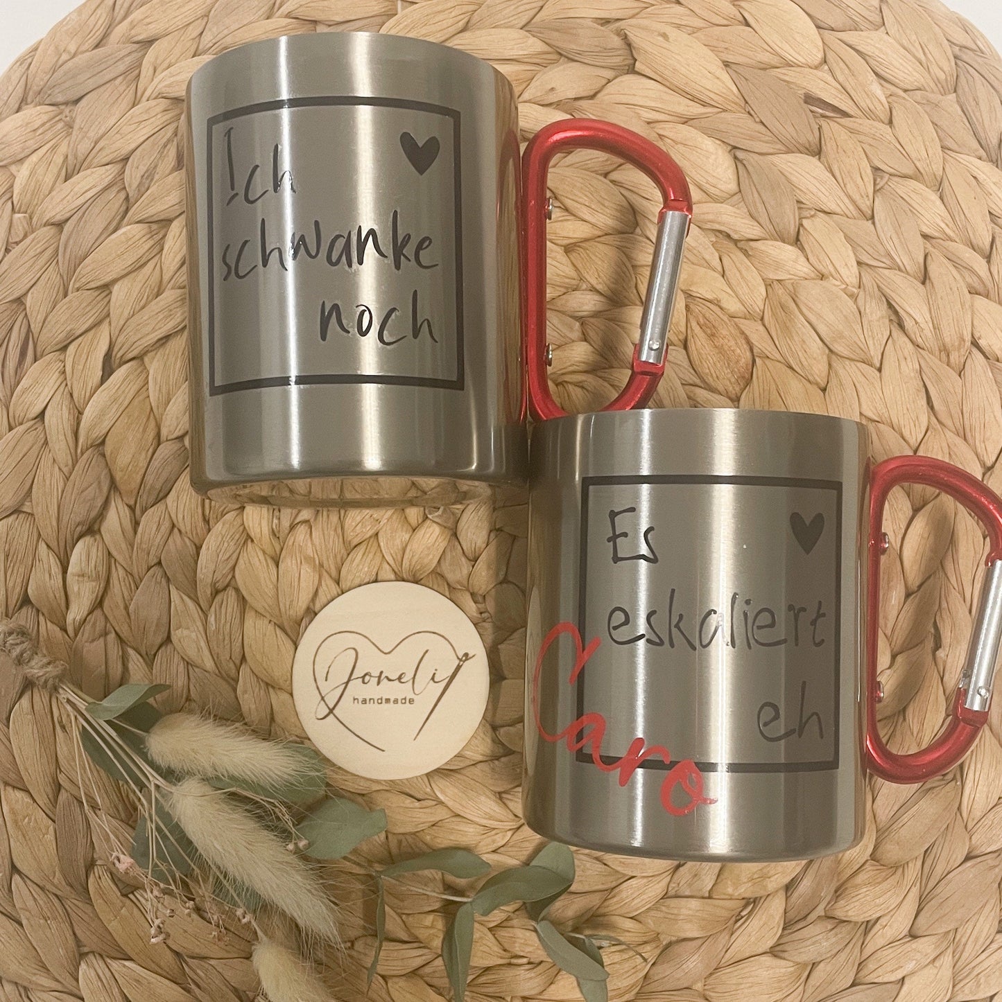 Personalisierter Edelstahlbecher mit Karabiner mit Deckel , Partypeace für JGA, Festival, Fasnet, Tasse