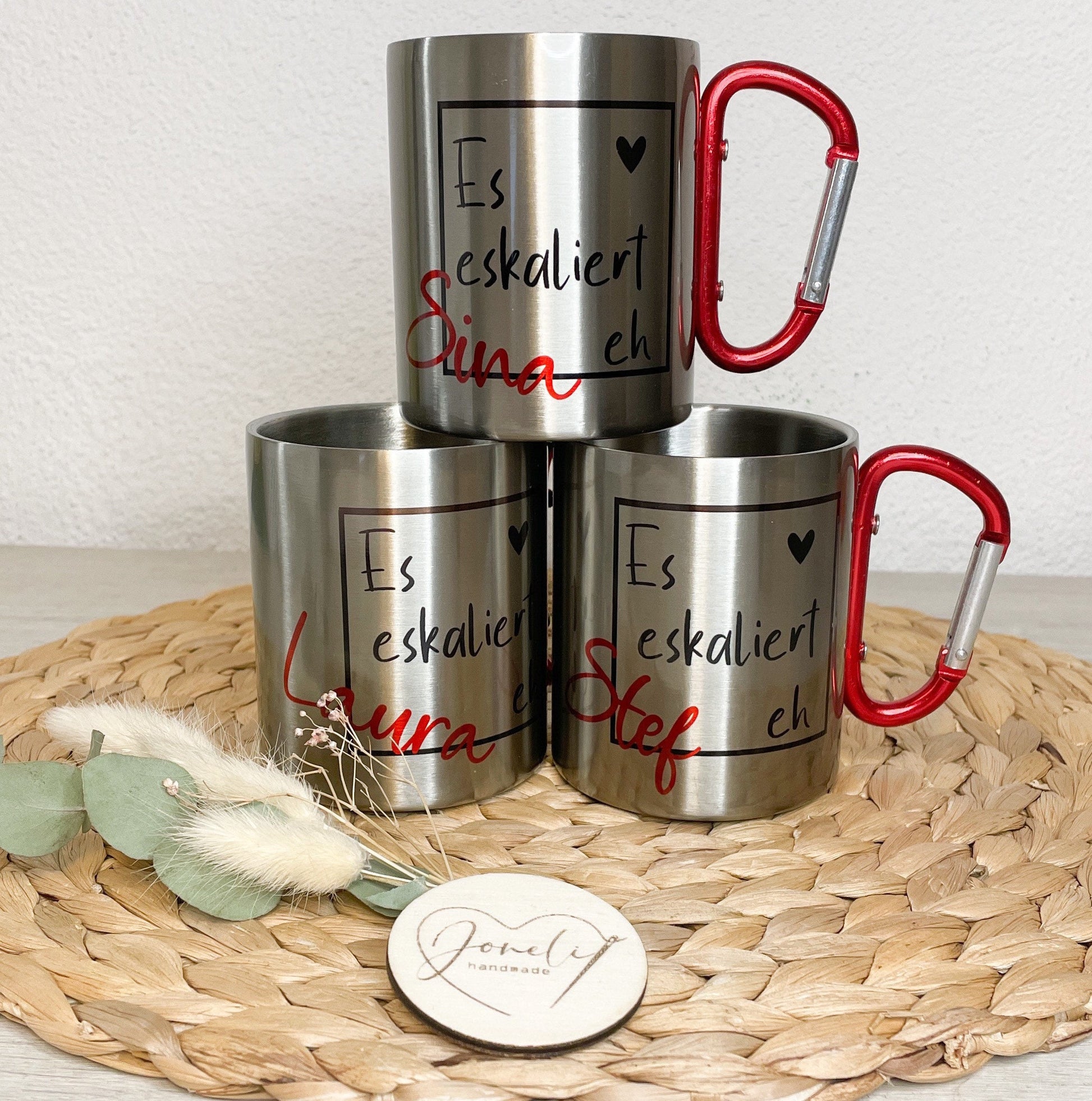 Personalisierter Edelstahlbecher mit Karabiner mit Deckel , Partypeace für JGA, Festival, Fasnet, Tasse