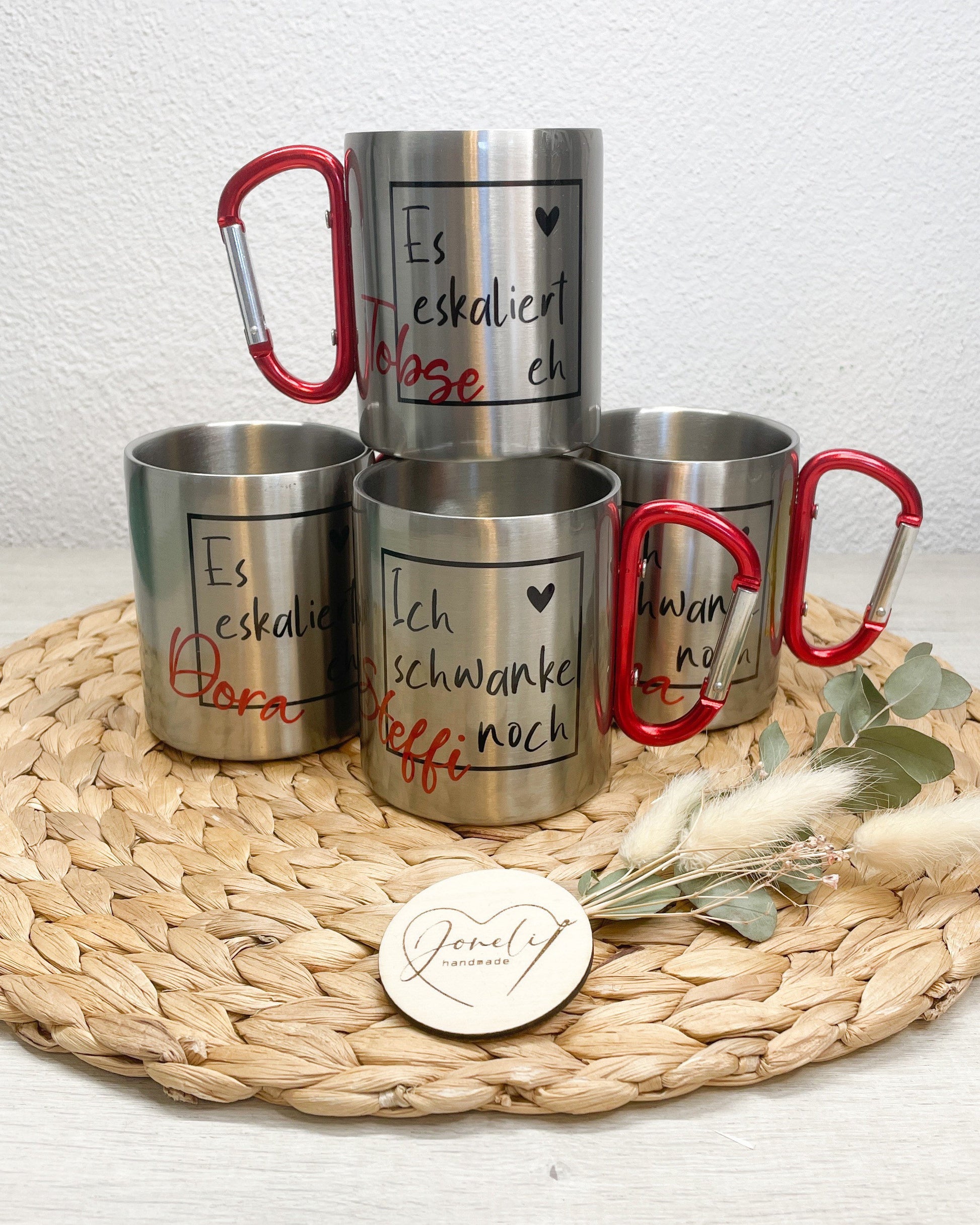 Personalisierter Edelstahlbecher mit Karabiner mit Deckel , Partypeace für JGA, Festival, Fasnet, Tasse