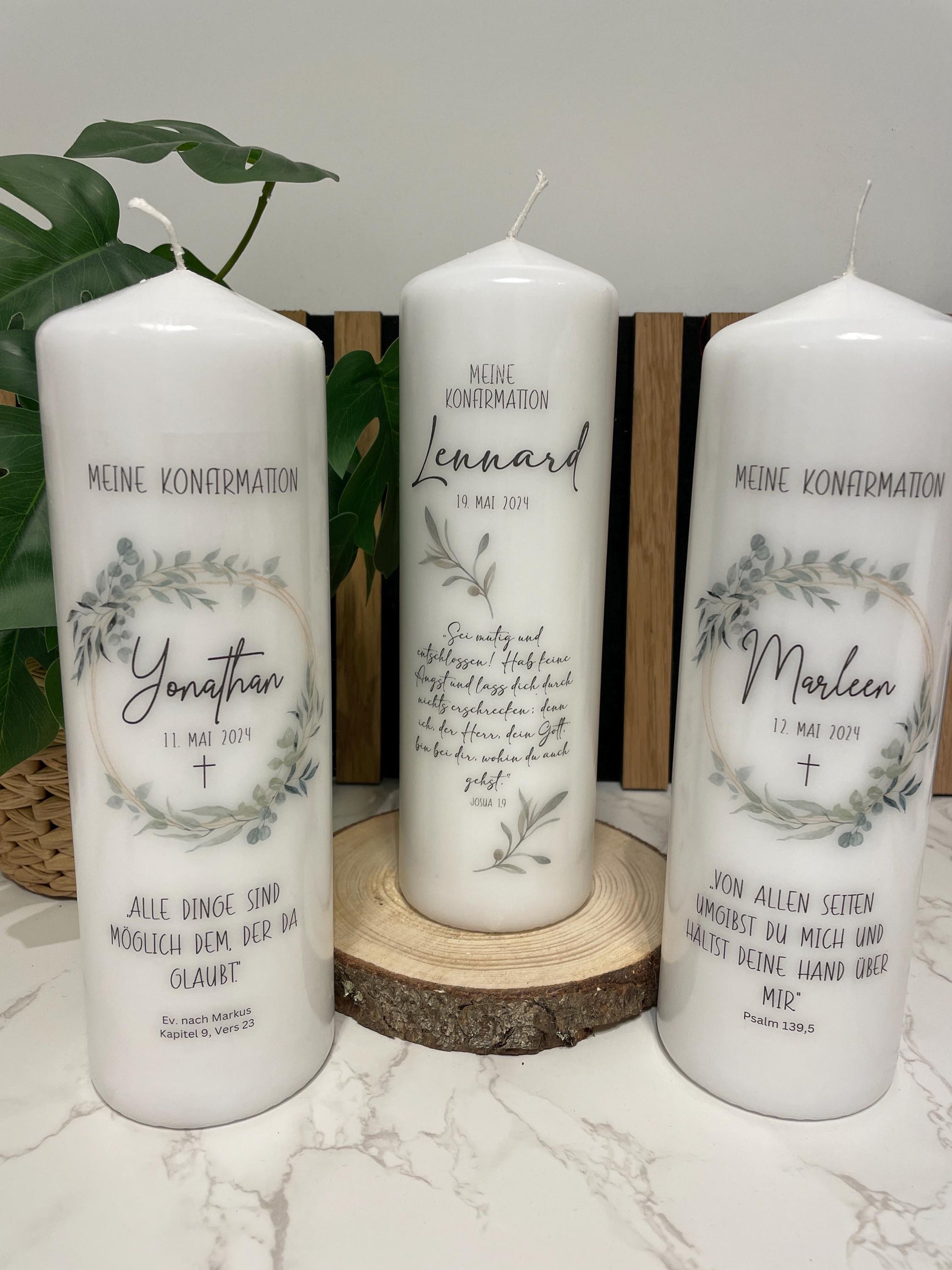 Konfirmationskerze Eukalyptuskranz / Kerze Konfirmation Kommunion mit Namen und Konfispruch / Geschenk / Stumpenkerze