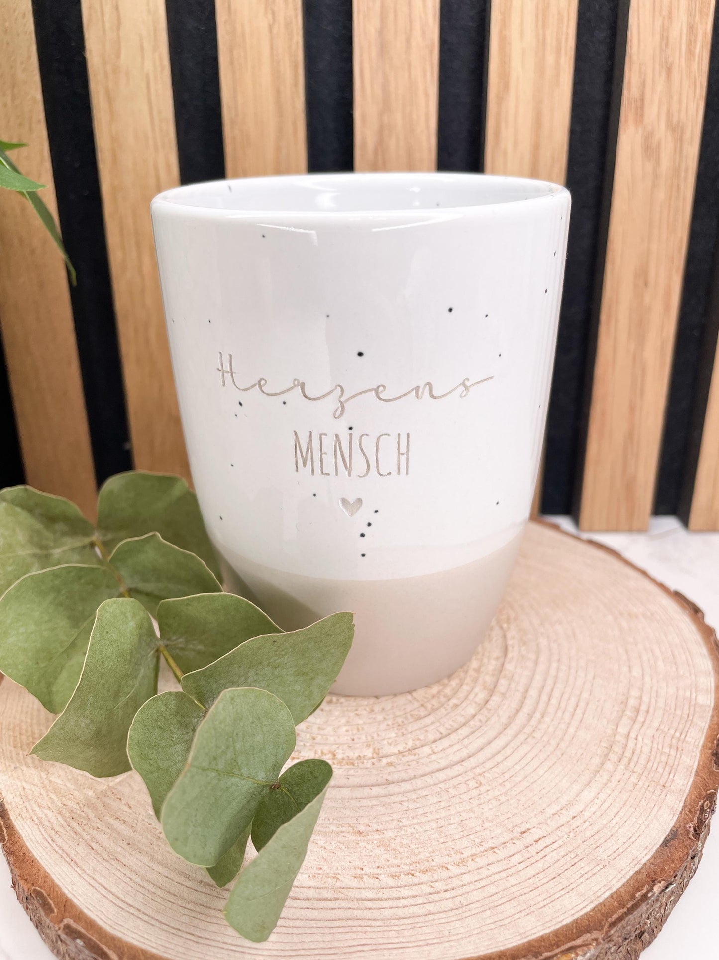 Keramik / Steingut Becher grau mit Tablett du bist wundervoll / Lieblingsmensch / Mama