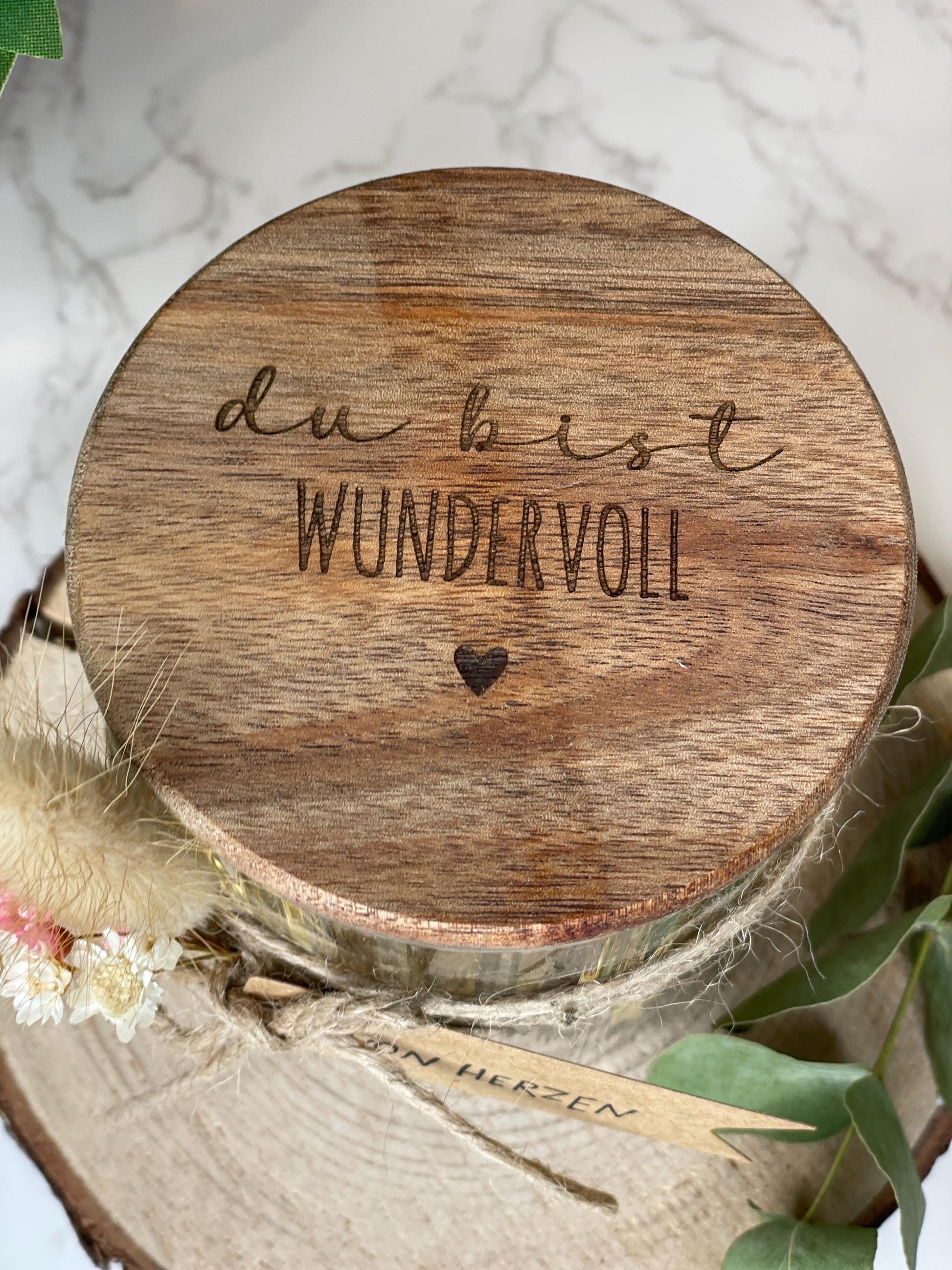 Vorratsglas mit Holzdeckel „Du bist wundervoll“ Geschenk zum Geburtstag Ostern oder weihnachten
