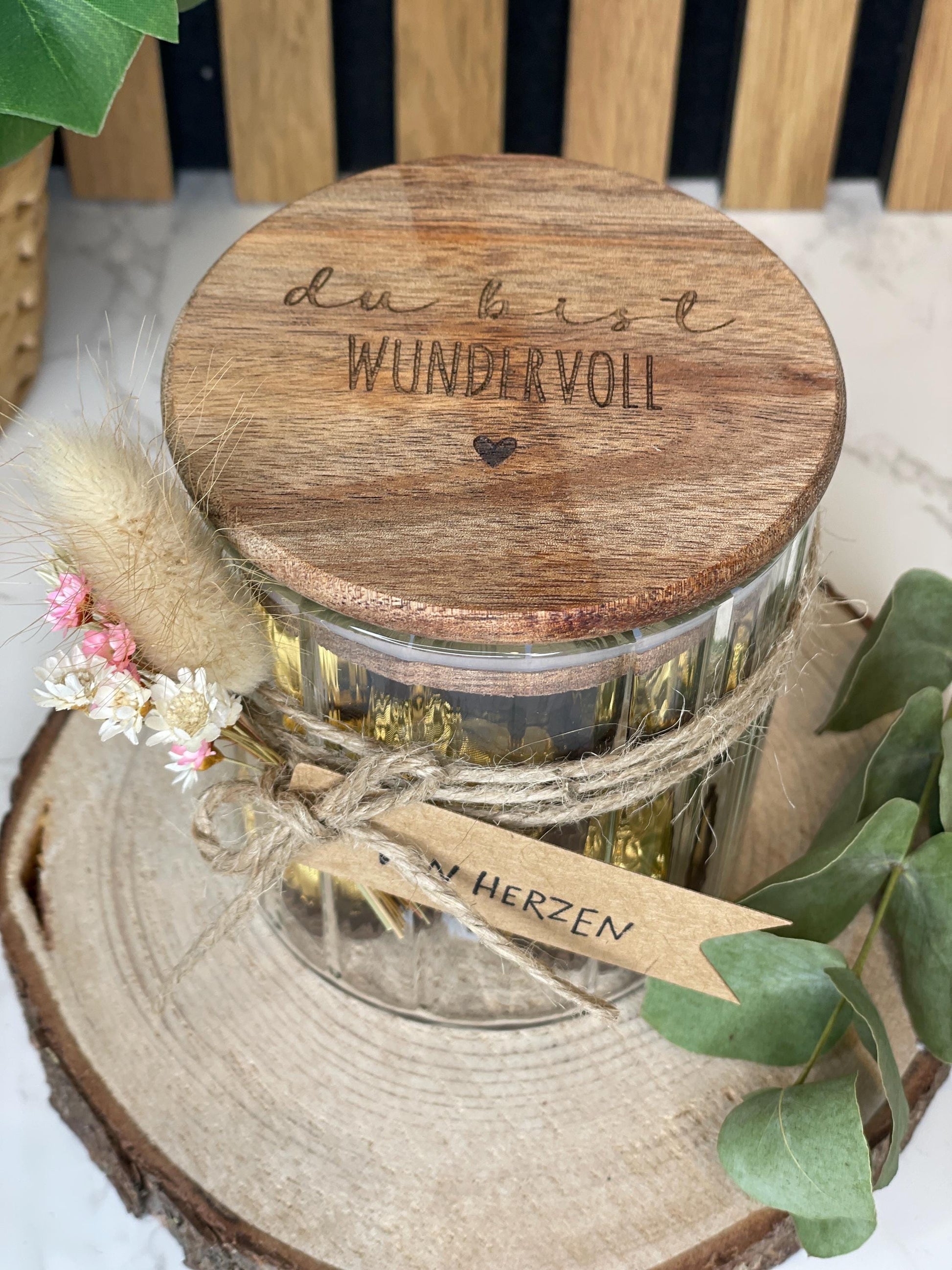 Vorratsglas mit Holzdeckel „Du bist wundervoll“ Geschenk zum Geburtstag Ostern oder weihnachten