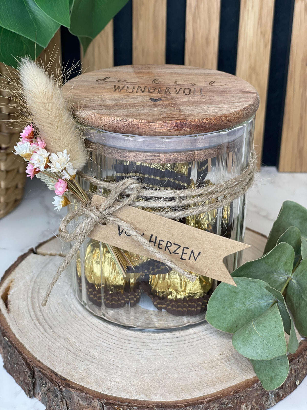 Vorratsglas mit Holzdeckel „Du bist wundervoll“ Geschenk zum Geburtstag Ostern oder weihnachten