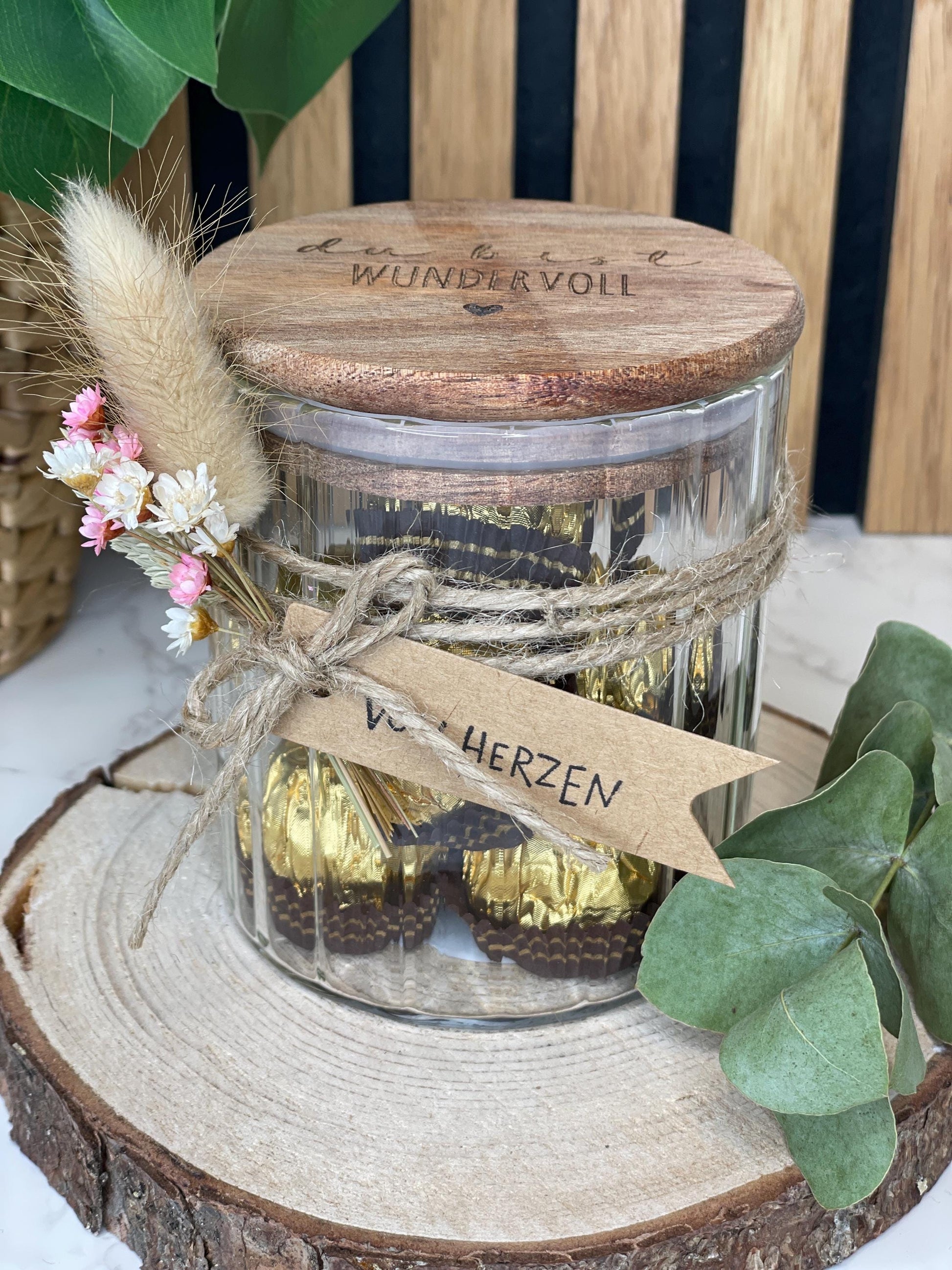 Vorratsglas mit Holzdeckel „Du bist wundervoll“ Geschenk zum Geburtstag Ostern oder weihnachten