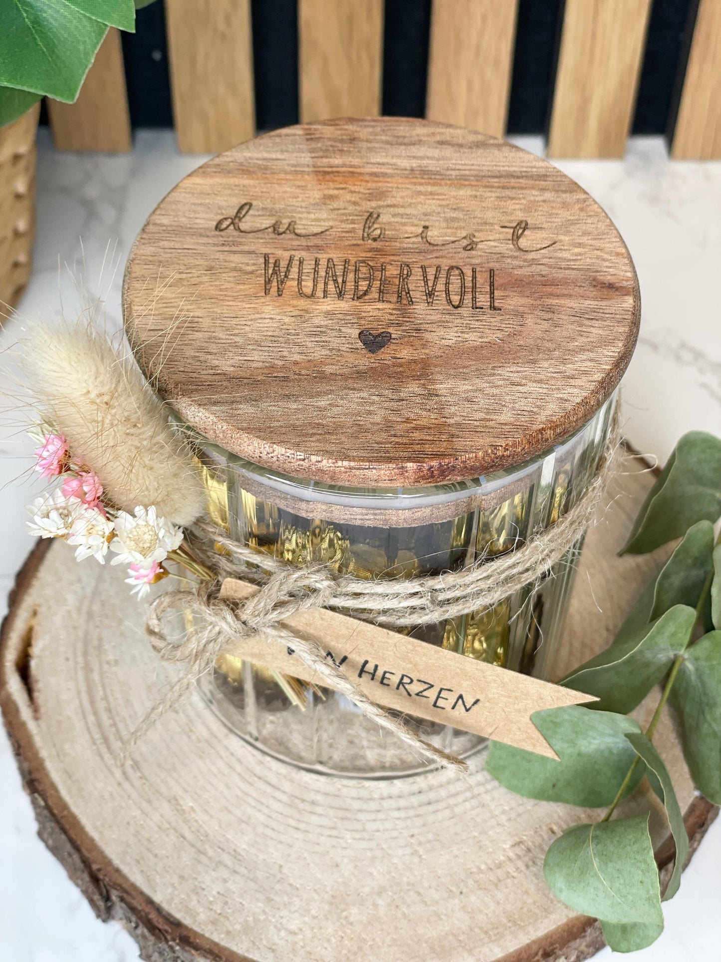 Vorratsglas mit Holzdeckel „Du bist wundervoll“ Geschenk zum Geburtstag Ostern oder weihnachten