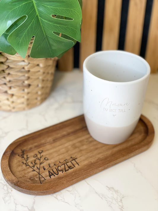 Keramik Becher / Steingut Becher beige du bist wundervoll / Lieblingsmensch / Mama mit passendem Tablett