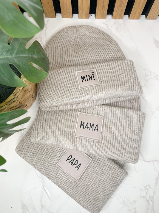 Familienset Winterbeanies Mama Papa Mini oder individuellen Aufdruck