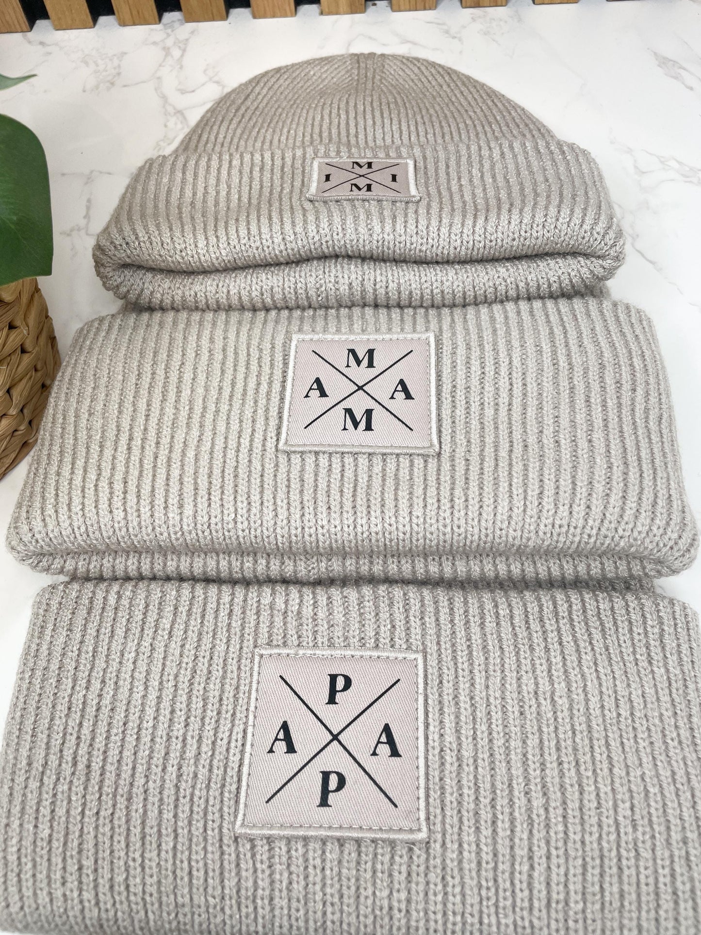 Familienset Winterbeanies Mama Papa Mini oder individuellen Aufdruck