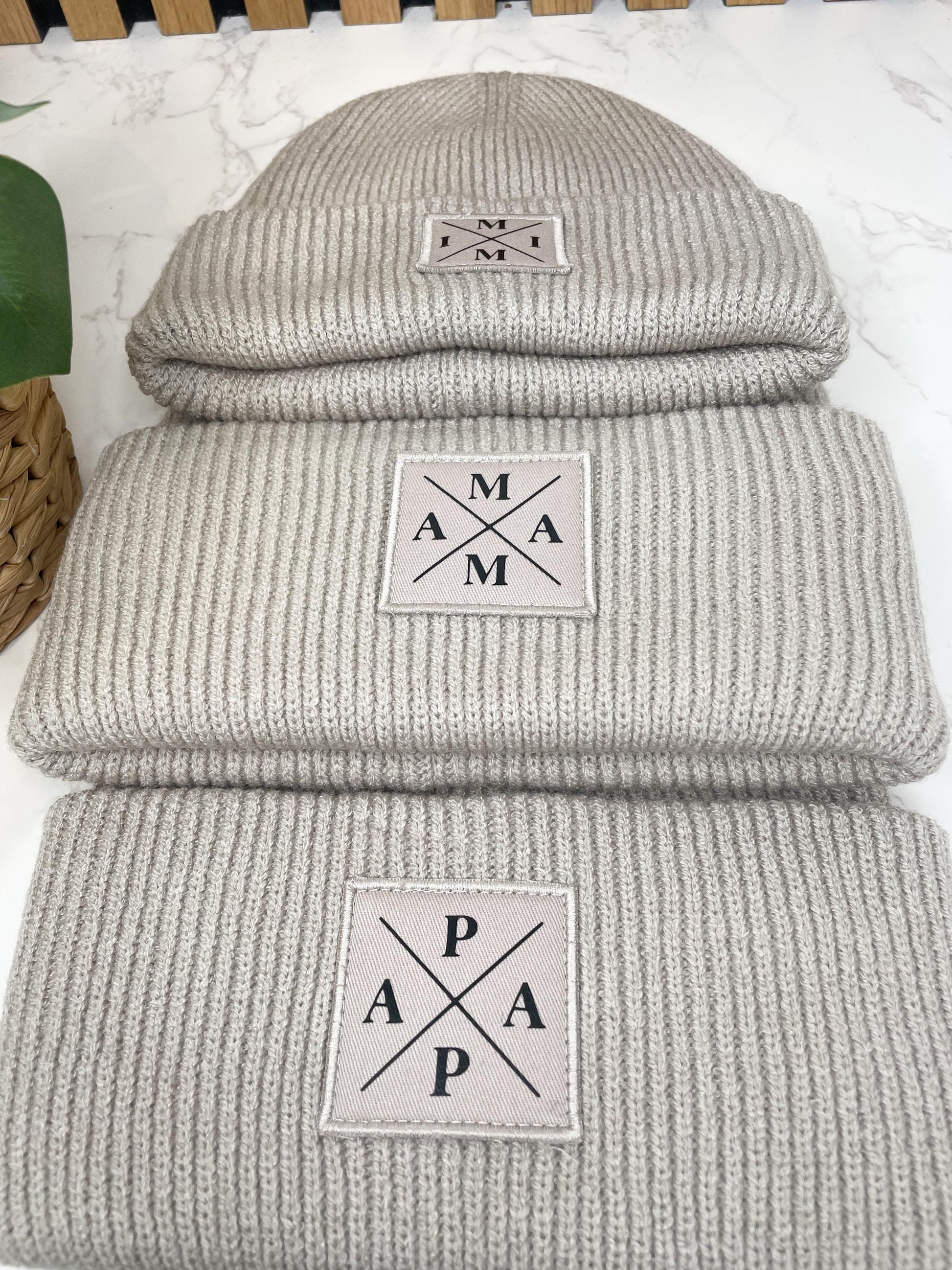 Familienset Winterbeanies Mama Papa Mini oder individuellen Aufdruck