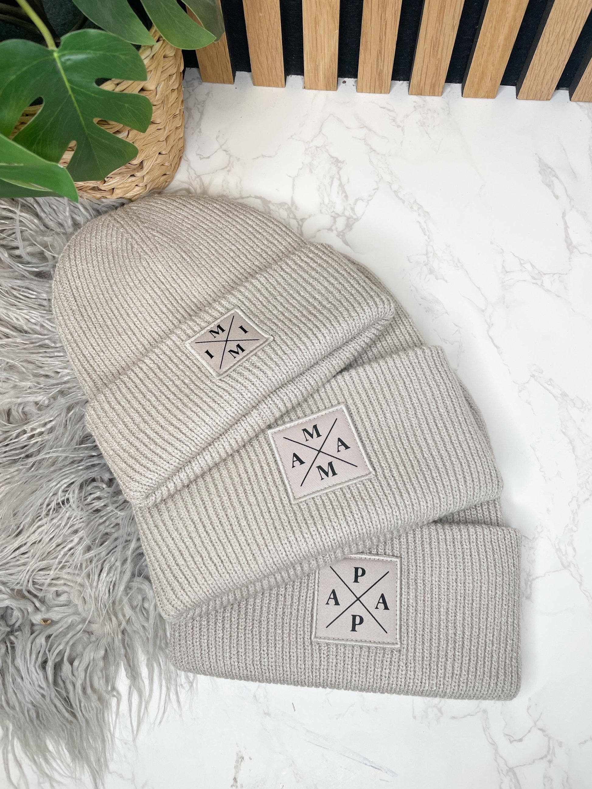 Familienset Winterbeanies Mama Papa Mini oder individuellen Aufdruck