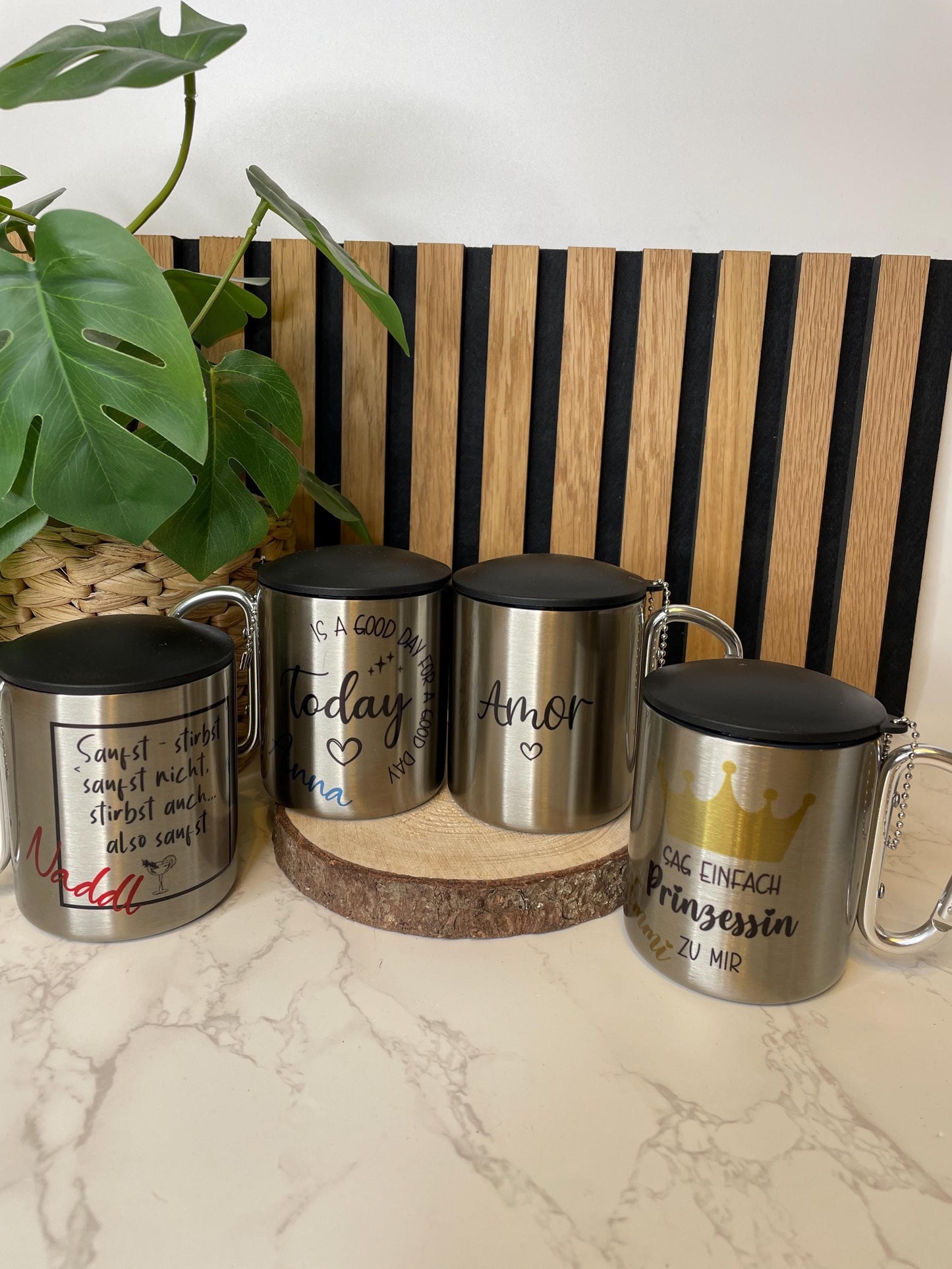 Personalisierter Edelstahlbecher mit Karabiner mit Deckel , Partypeace für JGA, Festival, Fasnet, Tasse