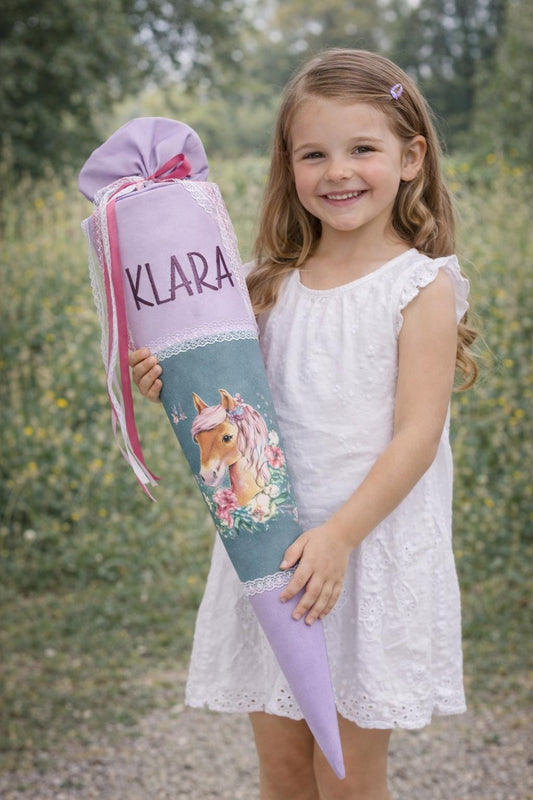 Schultüte / zuckertüte Einschulung Flieder Petrol mit Pferdekopf