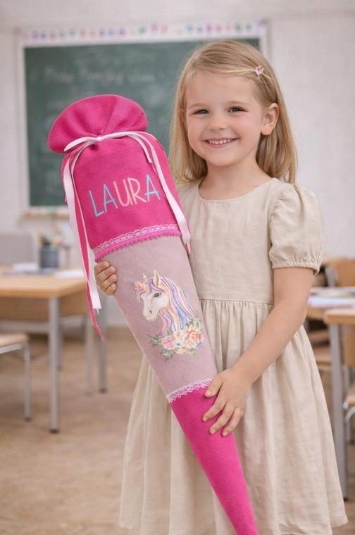 Schultüte pink mit Einhorn/ Zuckertüte zur Einschulung/ pink Unicorn