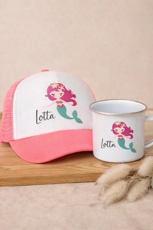 Personalisierte Cap & Tasse / Meerjungfrau /Geschenk-Set/ Mütze / Snapback für Kinder und Teenager/ verschiedene Farben