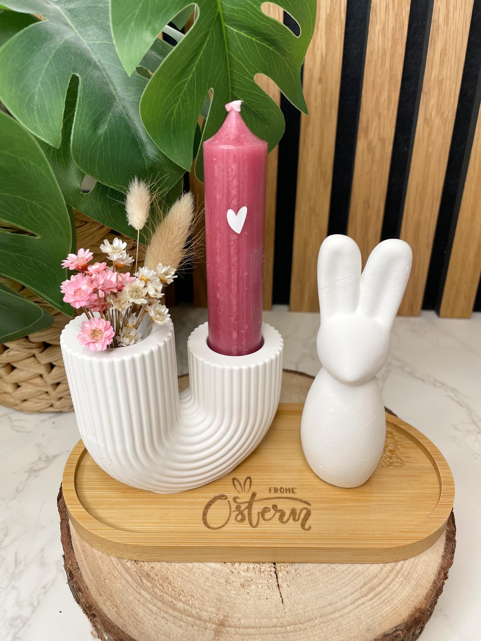 Osterset „Frohe Ostern“ – Handgegossen aus Raysin | Osterhase, Kerzenhalter & graviertes Tablett / Ostergeschenk / Osterdeko